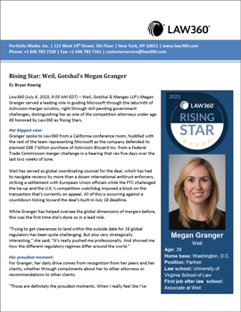 Megan Granger Named 2023 Rising Star for Competition by Law360 Megan Granger Named 2023 Rising Star for Competition by Law360