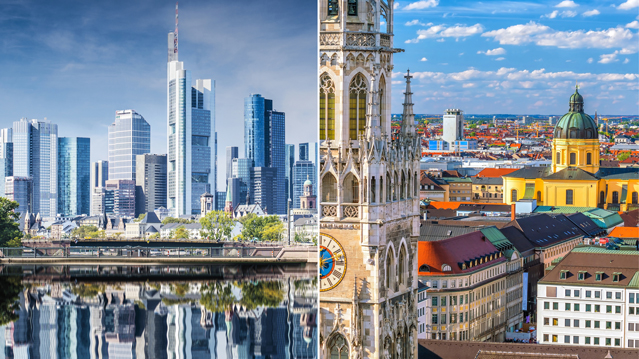 Spliced picture showing Munich and Frankfurt skylines