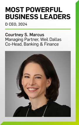 Headshot of Courtney Marcus and text that reads, "Most Powerful and Influential Business Leaders"