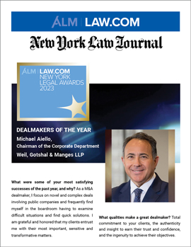 View New York Law Journal’s profile naming Michael J. Aiello a 2023 “Dealmaker of the Year”