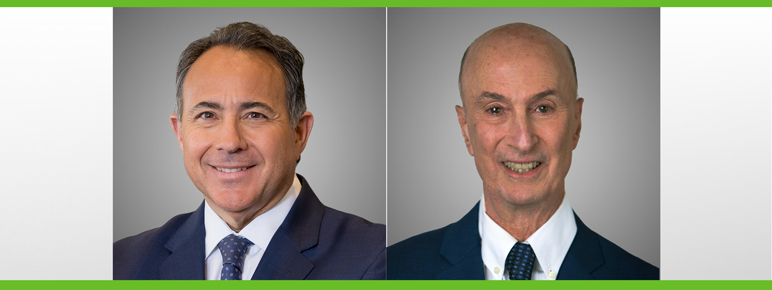 Headshot portraits of Michael Aiello and Richard Rothman on a gray background with green borders