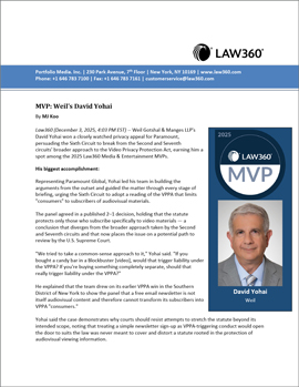 David Yohai Named a 2025 Media & Entertainment MVP by Law360