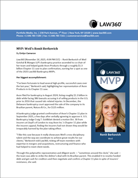 Ronit Berkovich Featured as a Law360 Bankruptcy MVP for 2025
