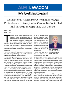 Lori Pines’ Reminders for Big Law on World Mental Health Day Published in New York Law Journal Lori Pines’ Reminders for Big Law on World Mental Health Day Published in New York Law Journal