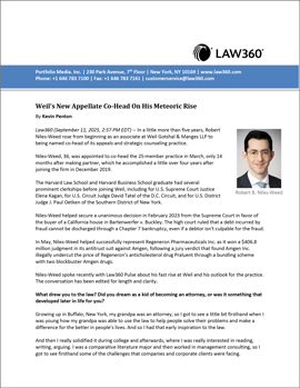 Robert Niles-Weed’s “Meteoric Rise” to Practice Co-Head Featured by Law360