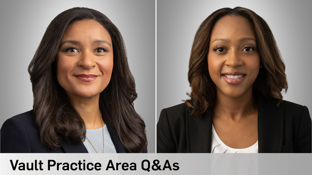 "Vault Practice Area Q&As," with headshots of two Chantale Fiebig and Kristin Sanford