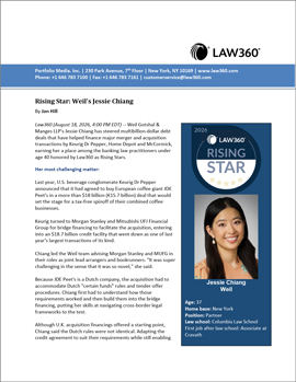 Law360 reprint: "Rising Star: Weil's Jessie Chiang," with her headshot and the 2026 Law360 Rising Star badge.