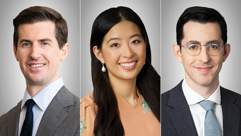 Headshots of Clifford Carlson, Jessie Chiang and Robert Niles-Weed, Weil's Law360 "Rising Stars."