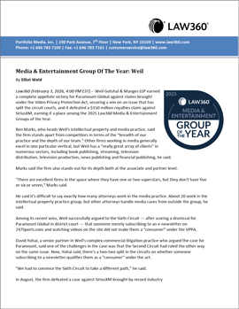 Law360 Honors Weil as a 2025 “Media & Entertainment Group of the Year”