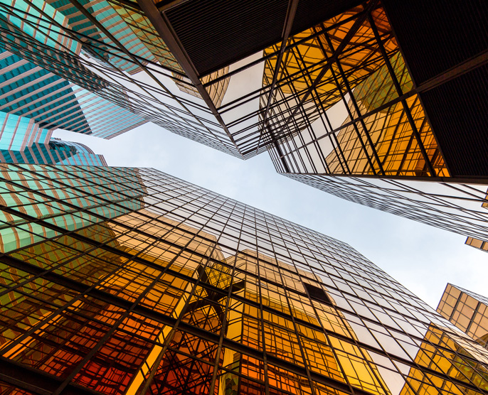 Low-angle view of a group of modern skyscrapers