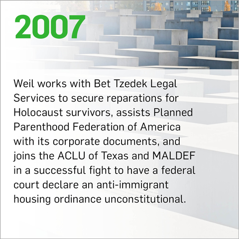 Weil works with Bet Tzedek Legal Services to secure reparations for Holocaust survivors, assists Planned Parenthood Federation of America with its corporate documents, and joins the ACLU of Texas and MALDEF in a successful fight to have a federal court declare an anti-immigrant housing ordinance unconstitutional.