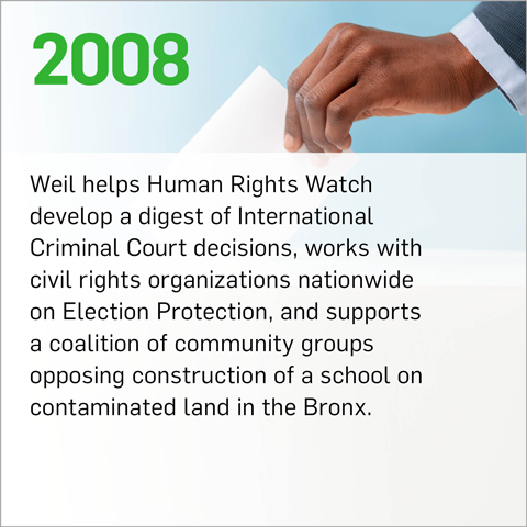 Weil helps Human Rights Watch develop a digest of International Criminal Court decisions, works with civil rights organizations nationwide on Election Protection, and supports a coalition of community groups opposing construction of a school on contaminated land in the Bronx.