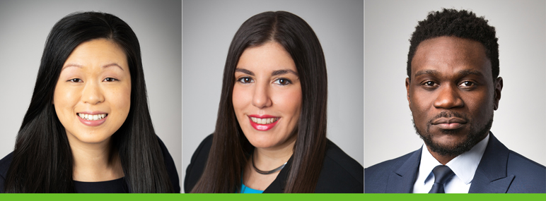 Headshot images of Weil partners Luna Barrington, Jessica Falk and Bambo Obaro