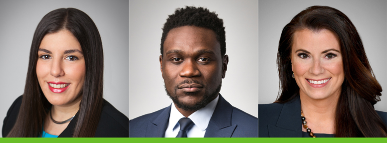 Headshot images of Weil partners Jessica Falk, Bambo Obaro and Liz Ryan