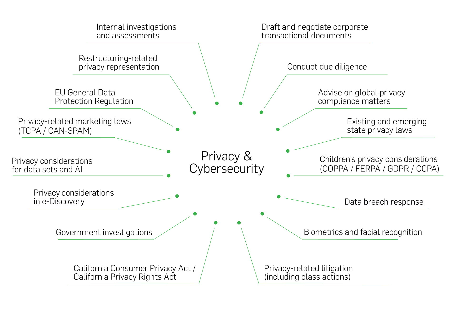 Internal investigations and assessments; Restructuring-related privacy representation; EU General Data Protection Regulation; Privacy-related marketing laws (TCPA/CAN-SPAM); Privacy considerations for data sets and AI; Privacy considerations in e-Discovery; Government investigations; California Consumer Privacy Act / California Privacy Rights Act; Draft and negotiate corporate transactional documents; Conduct due diligence; Advise on global privacy compliance matters; Existing and emerging state privacy laws; Children's privacy considerations (COPPA/ FERPA / GDPR / CCPA); Data breach response; Biometrics and facial recognition; Privacy-related litigation (including class actions)